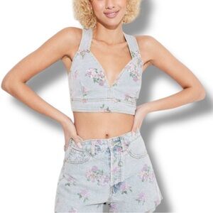 NWOT Wild Fable Light Wash Floral Blue Pink Denim Vest - Size Large